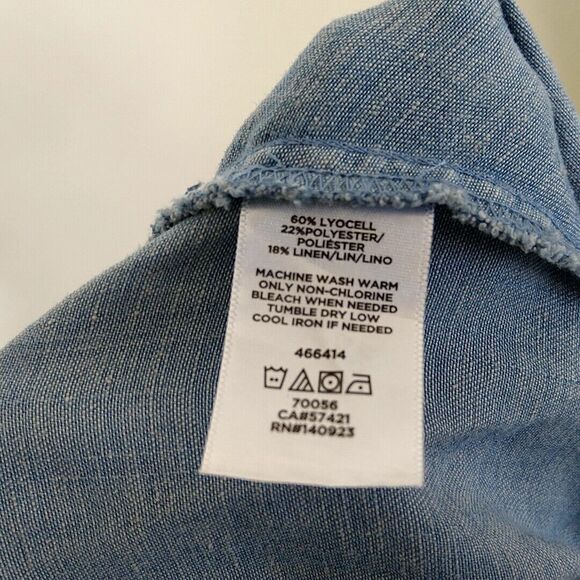 LOFT Womens sz L Top Solid Blue Chambray VNeck Wrap Tie Hem 3/4 Sleeve Blouse - Picture 8 of 8